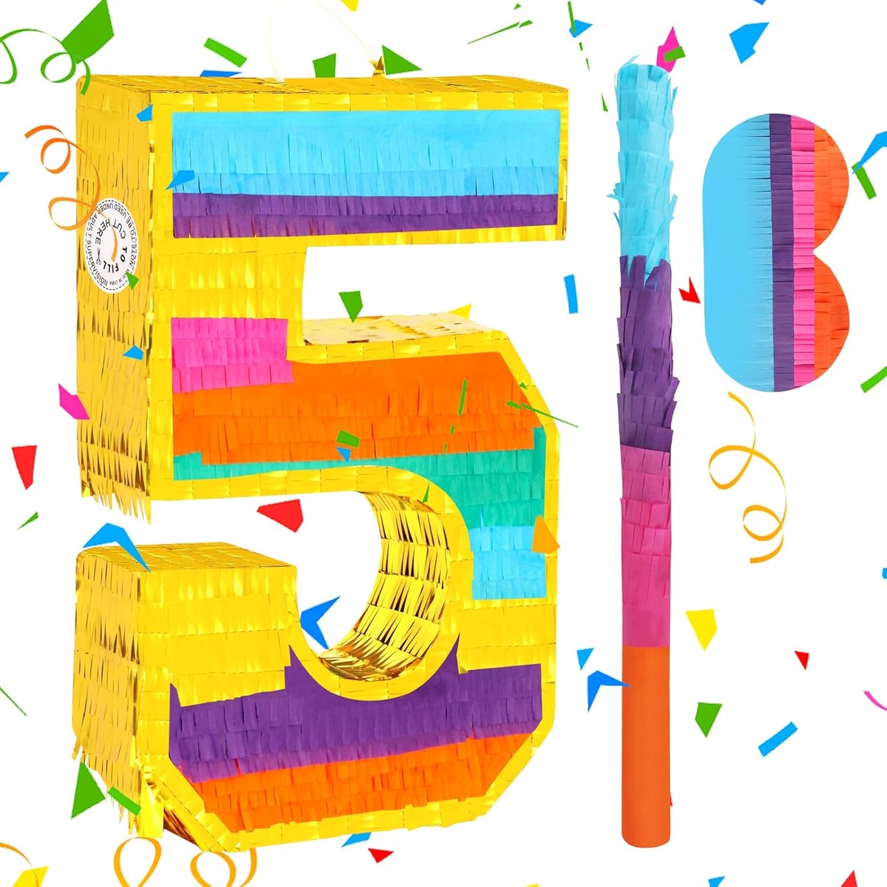Rainbow Number 5 Pinata with a Blindfold and Bat for Boys Girls 5th Birthday Party, Kids Anniversary Celebration, Fiesta Supplies